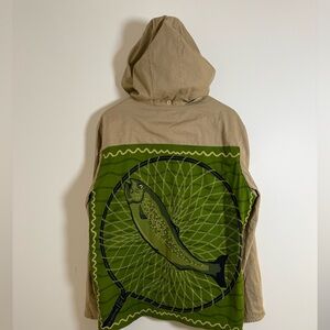 Upcycled Marc Ecko Rain Coat Fishing Jacket with Graphic Fish Back Panel